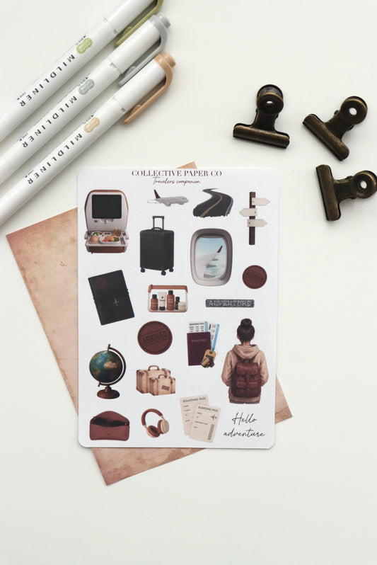 Decorative journaling sheet of kiss-cut vintage and realistic stickers of Traveler's companion on Japanese washi paper