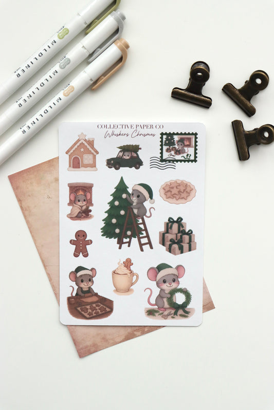 Decorative journaling sheet of kiss-cut seasonal stickers of Whiskers Christmas on Japanese washi paper