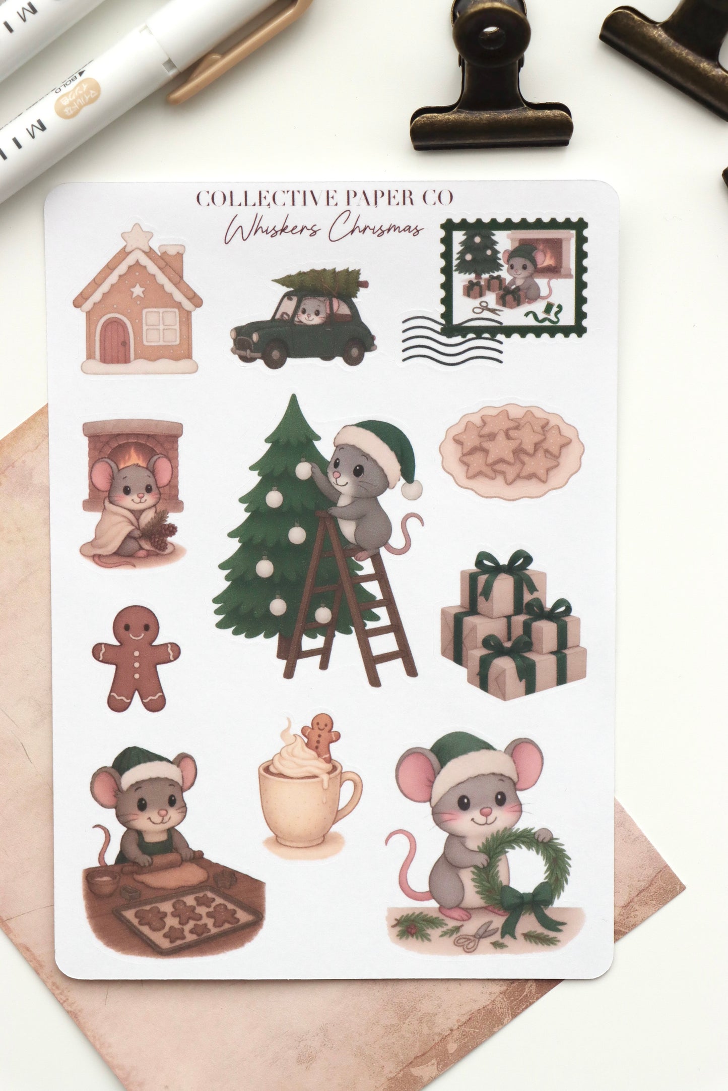 Decorative journaling sheet of kiss-cut seasonal stickers of Whiskers Christmas on Japanese washi paper
