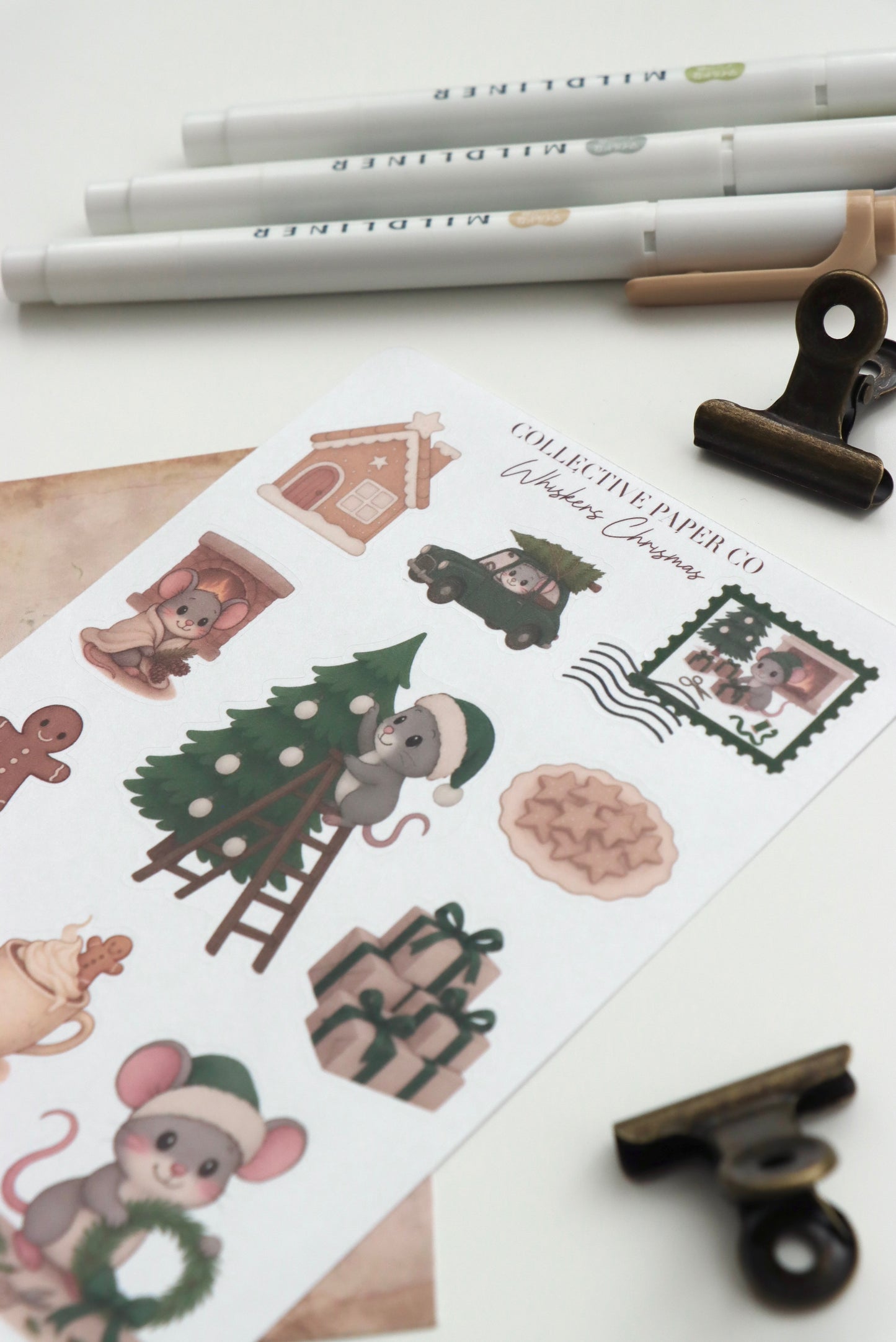 Decorative journaling sheet of kiss-cut seasonal stickers of Whiskers Christmas on Japanese washi paper