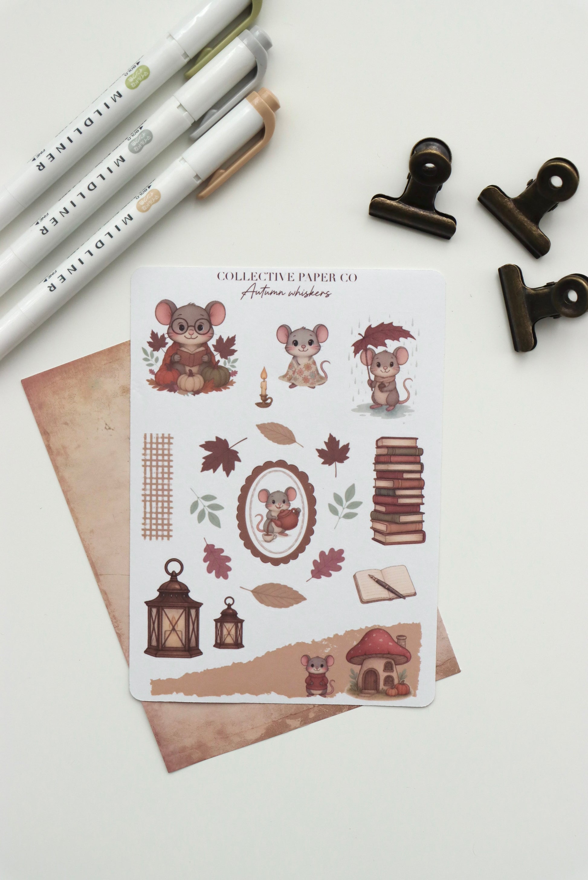 Decorative journaling sheet of kiss-cut seasonal stickers of Autumn Fall Whiskers on Japanese washi paper
