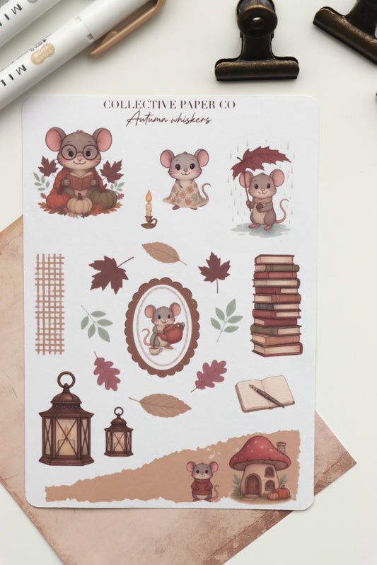 Decorative journaling sheet of kiss-cut seasonal stickers of Autumn Fall Whiskers on Japanese washi paper