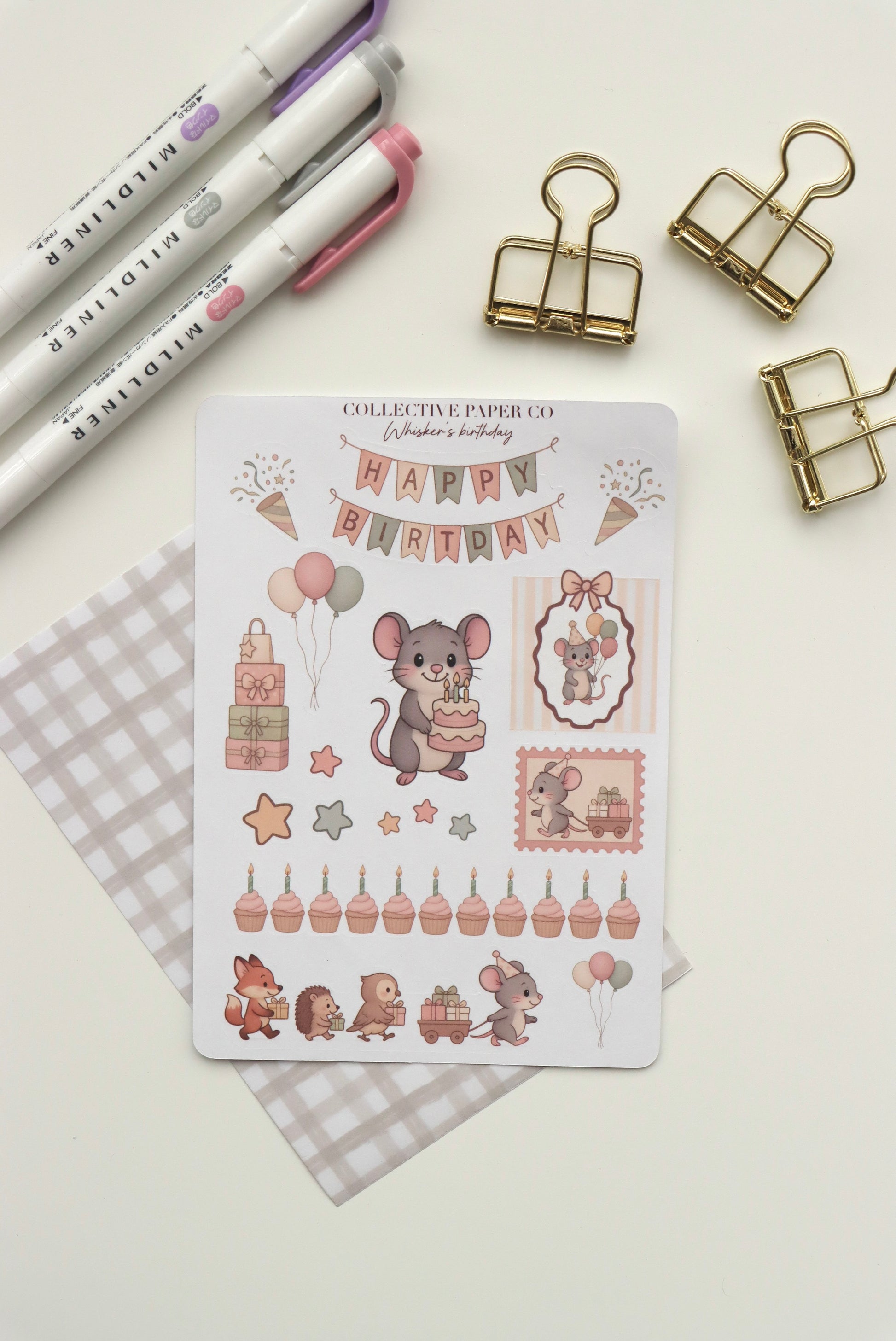Decorative journaling sheet of kiss-cut stickers of Whisker's birthday celebration on Japanese washi paper