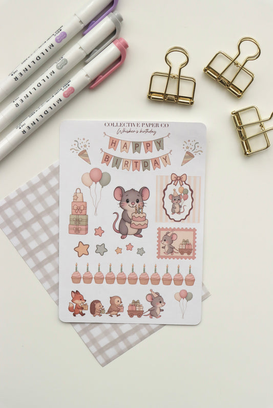 Decorative journaling sheet of kiss-cut stickers of Whisker's birthday celebration on Japanese washi paper