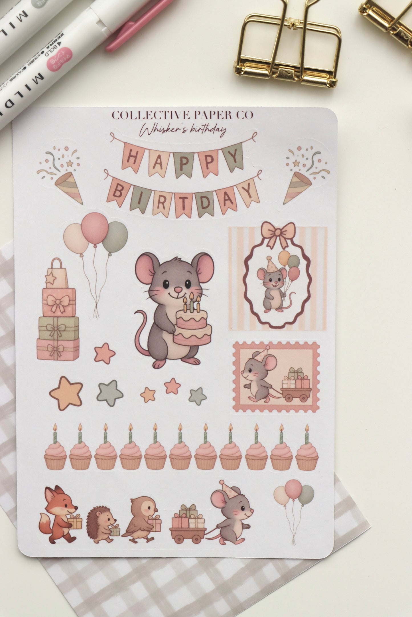 Decorative journaling sheet of kiss-cut stickers of Whisker's birthday celebration on Japanese washi paper