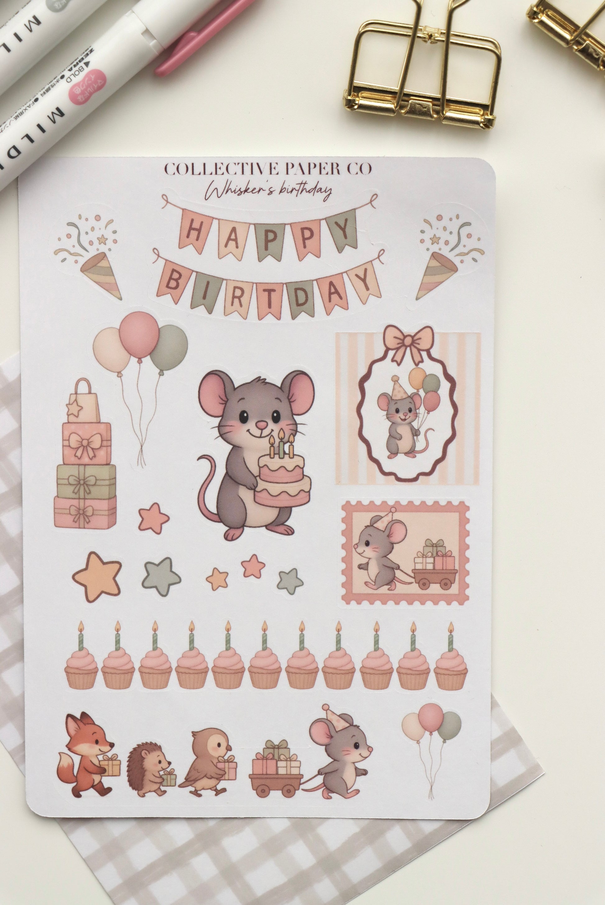 Decorative journaling sheet of kiss-cut stickers of Whisker's birthday celebration on Japanese washi paper