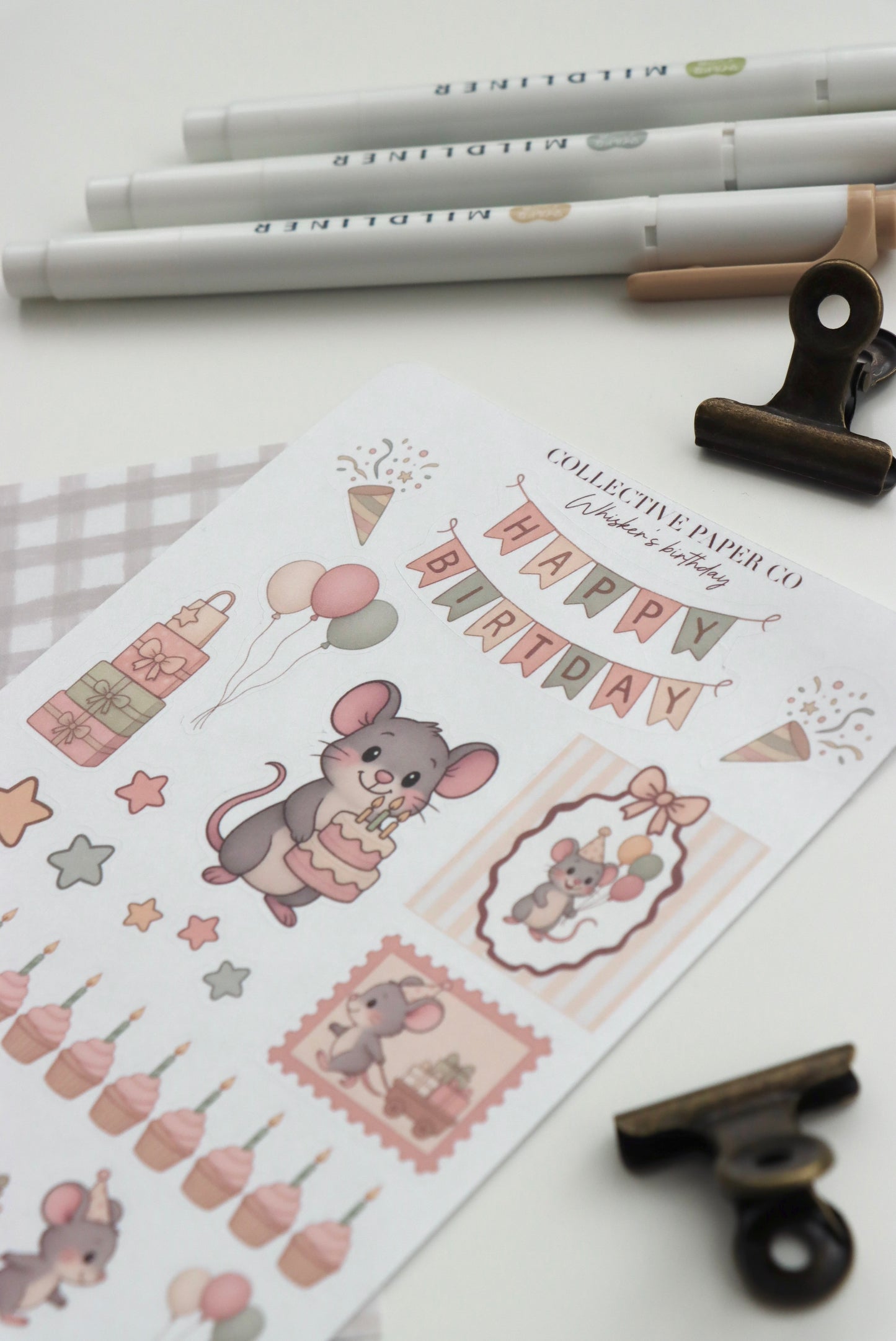 Decorative journaling sheet of kiss-cut stickers of Whisker's birthday celebration on Japanese washi paper