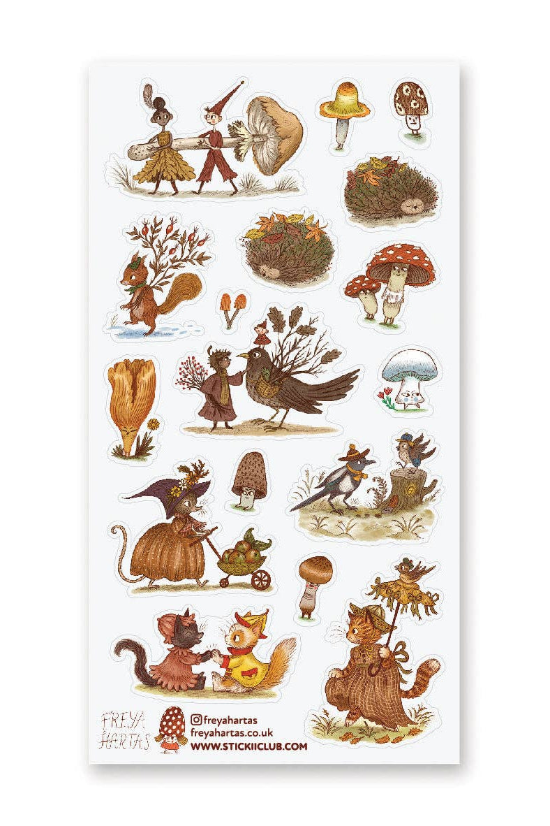 Sheet of nature-themed stickers featuring animals and plants on a white background.
