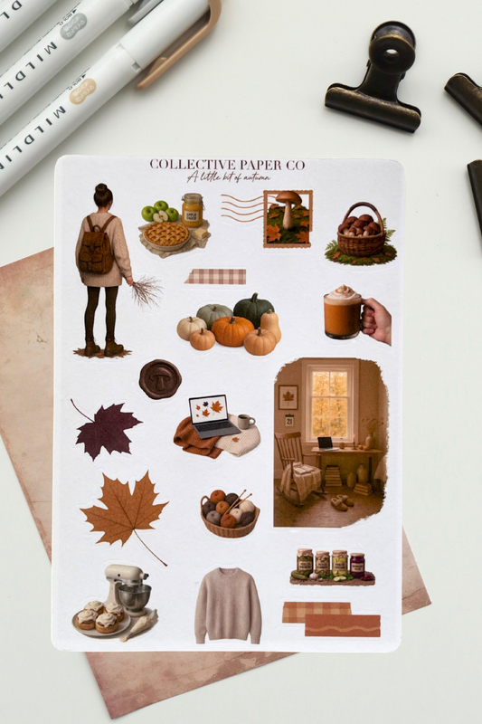 Sticker sheet with autumn-themed illustrations on a white background