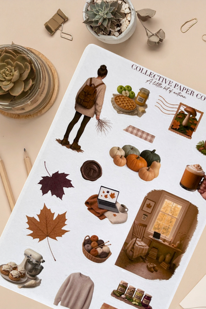 Sheet of autumn-themed stickers with illustrations of a person with a backpack, leaves, pumpkins, and a cozy cabin on a beige background.