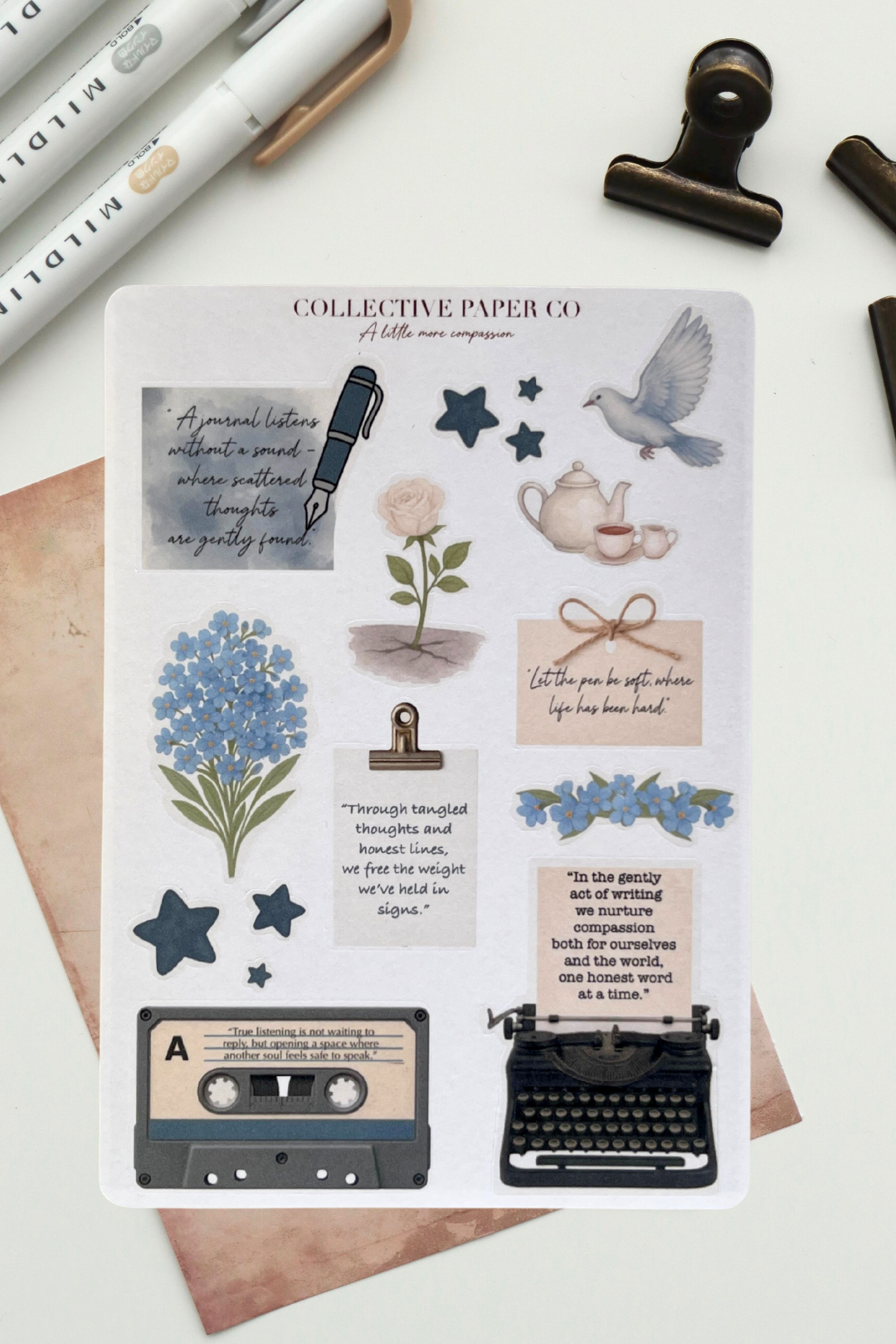 Sheet of decorative stickers with nature-themed designs on a white background