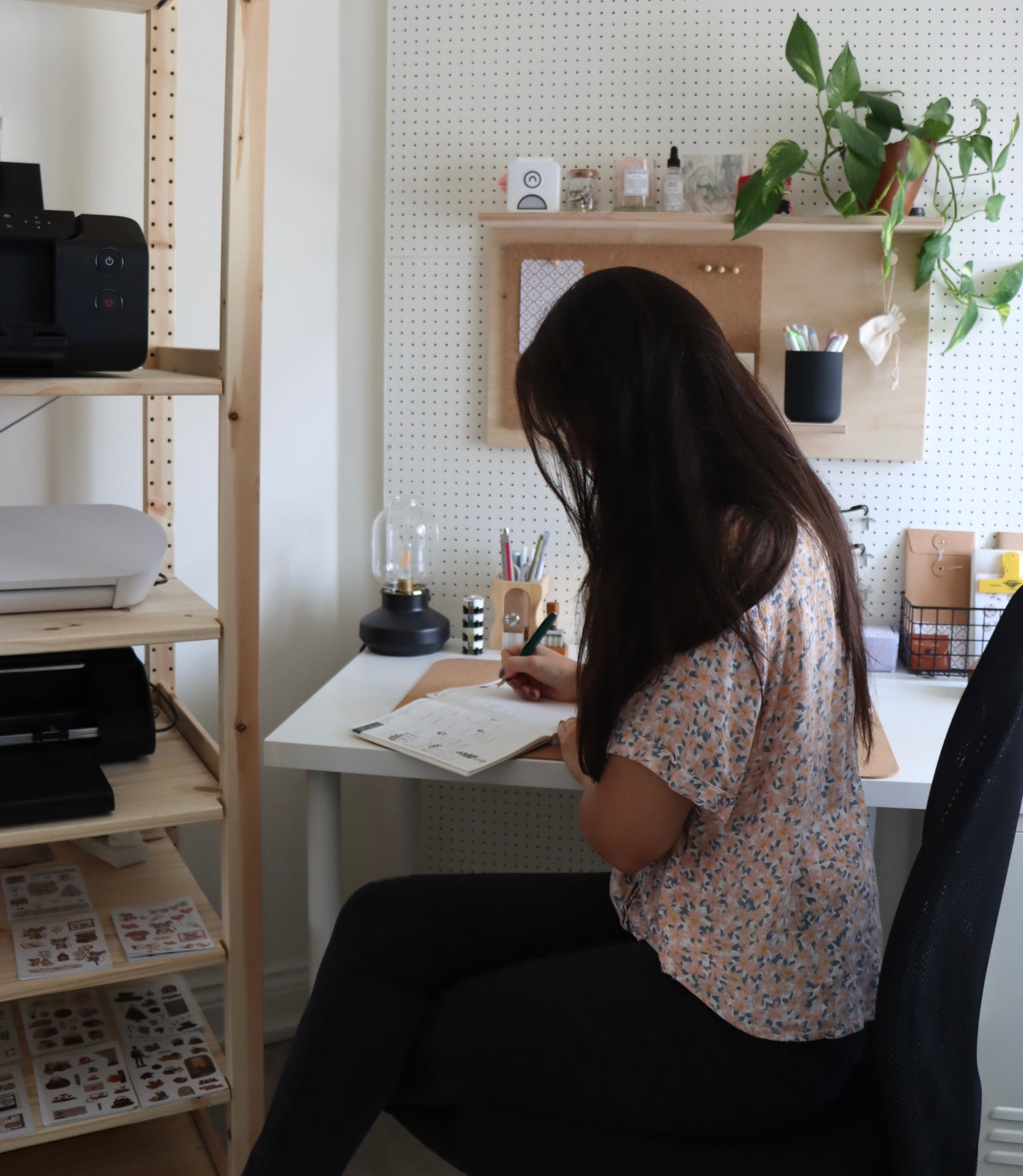 Marlena journaling with Collective Paper Co stickers, in the small home office in Essex, UK where the washi stickers are designed, printed, cut and packaged