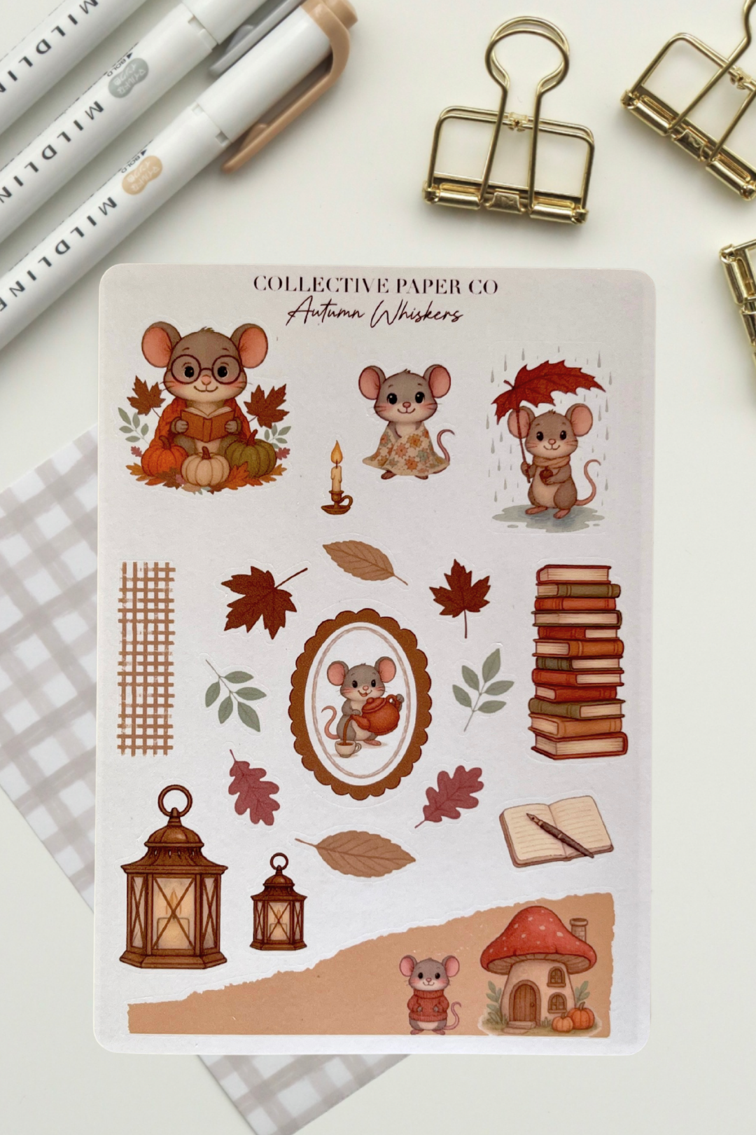 Sheet of autumn-themed stickers with mice, leaves, and other elements on a white background.