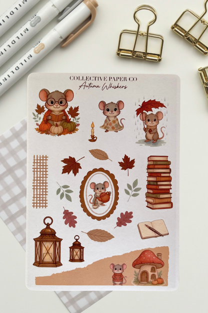 Sheet of autumn-themed stickers with mice, leaves, and other elements on a white background.