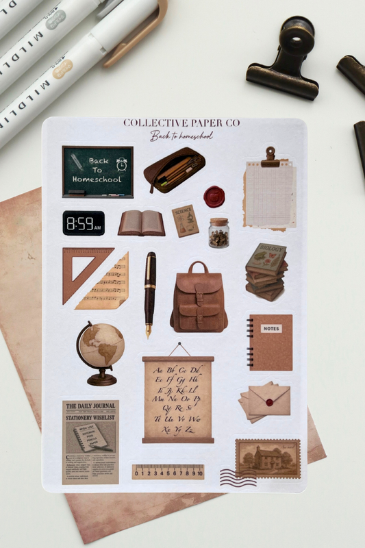 Sheet of decorative stickers with stationery-themed designs on a white background.