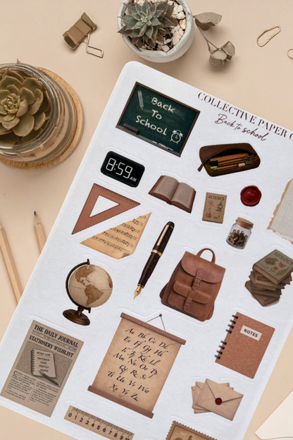 Collection of back-to-school themed stickers on a white sheet with stationery items.