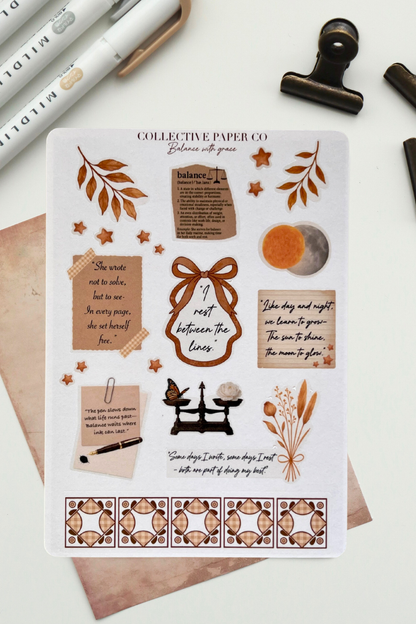 Sheet of decorative stickers with text and illustrations on a white background