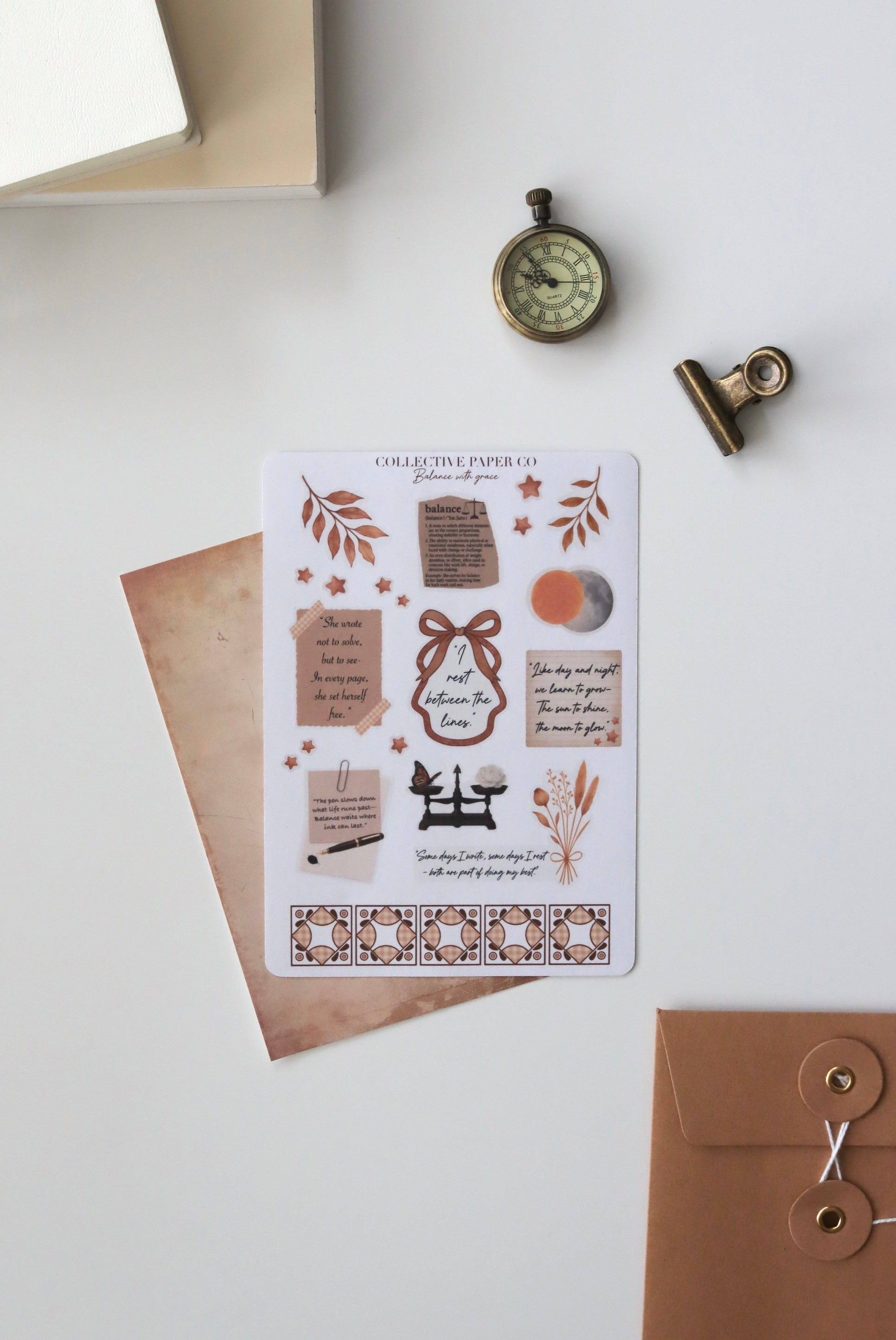 Decorative journaling sheet of kiss-cut balance/ motivational quotes and warm toned decorative elements stickers on Japanese washi paper