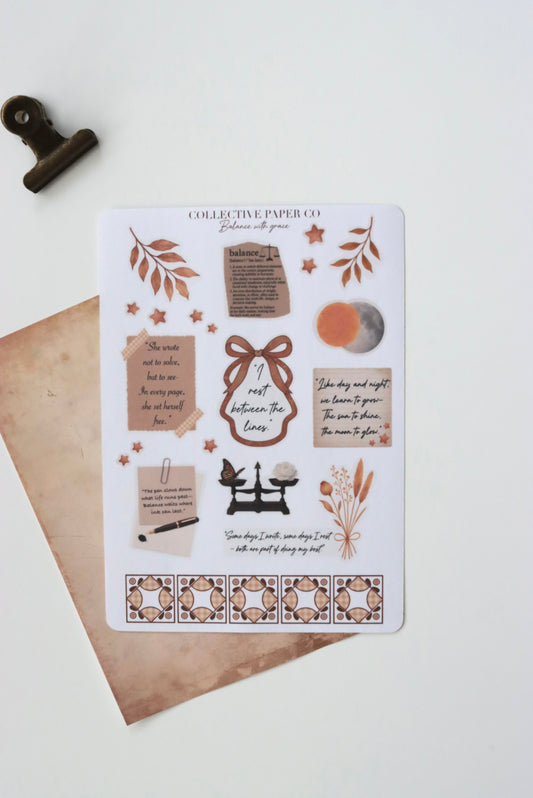 Decorative journaling sheet of kiss-cut balance/ motivational quotes and warm toned decorative elements stickers on Japanese washi paper
