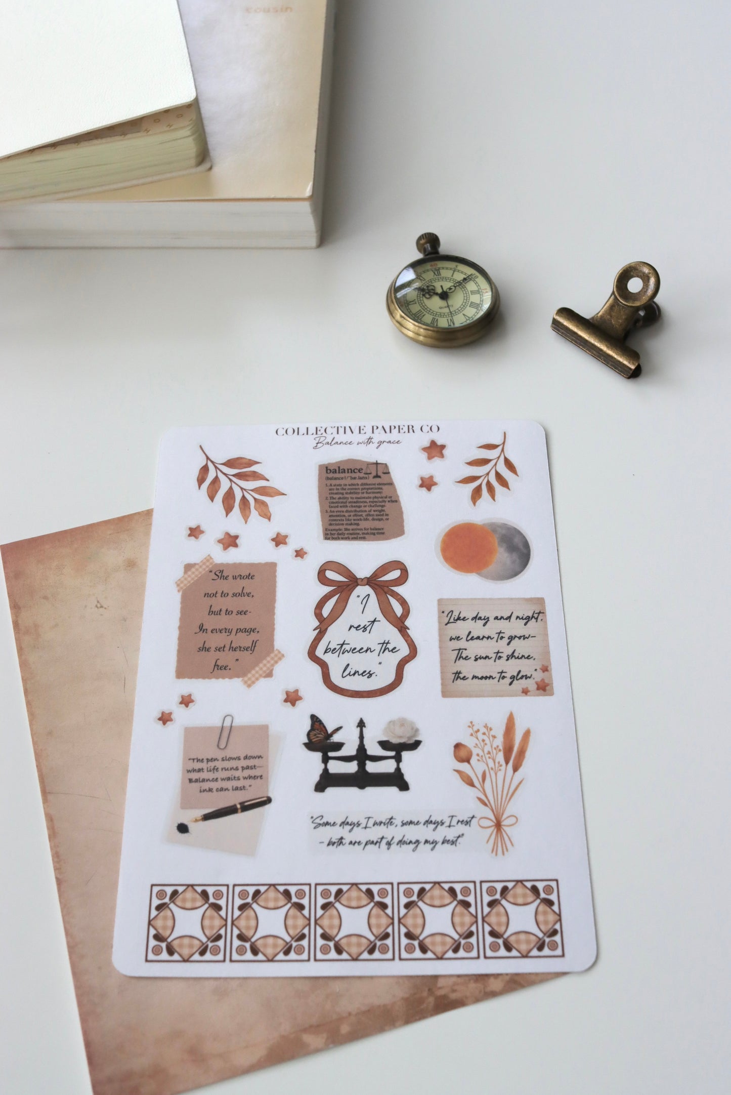 Decorative journaling sheet of kiss-cut balance/ motivational quotes and warm toned decorative elements stickers on Japanese washi paper