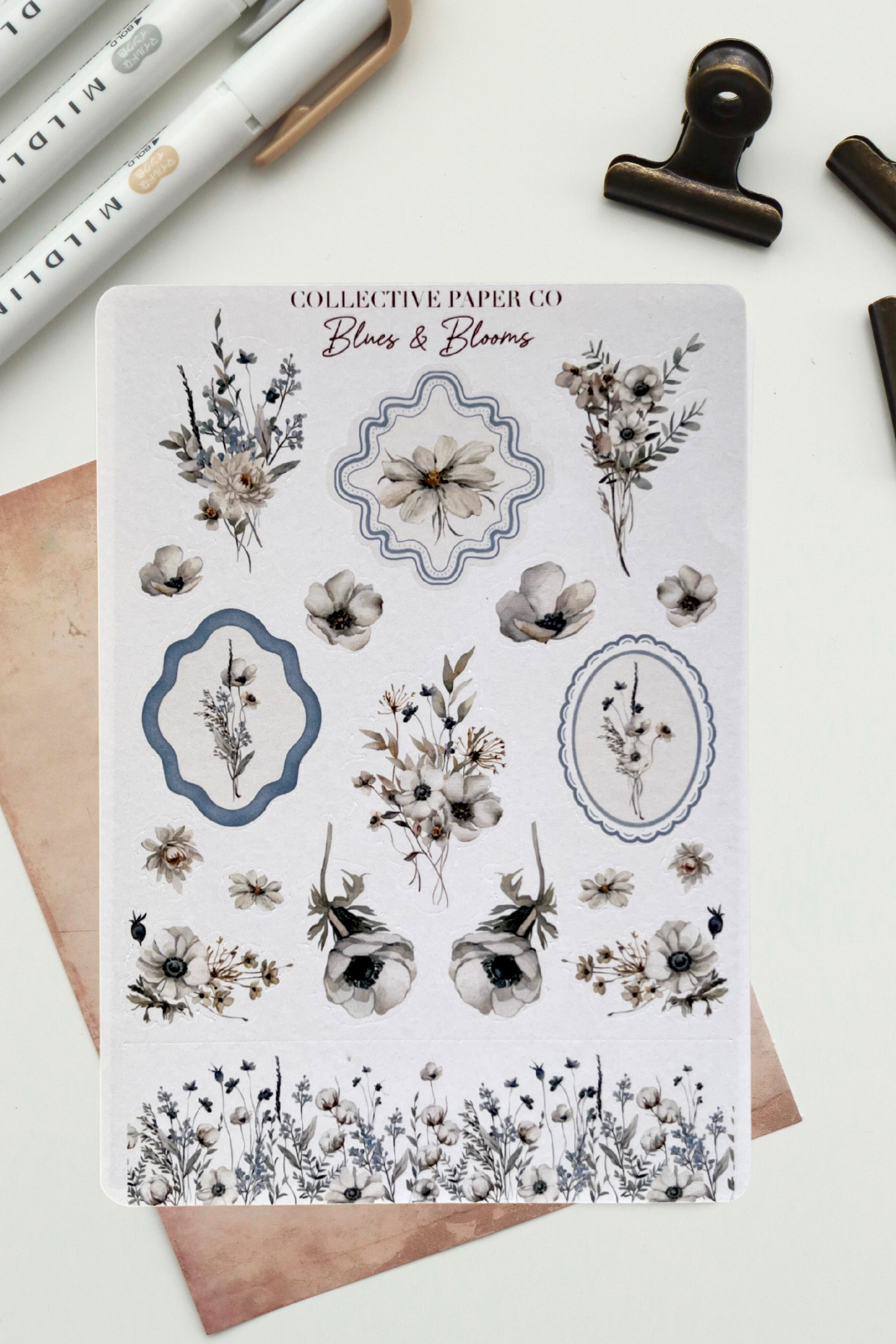 Blues and blooms sticker sheet with blue floral illustrations and gentle accents