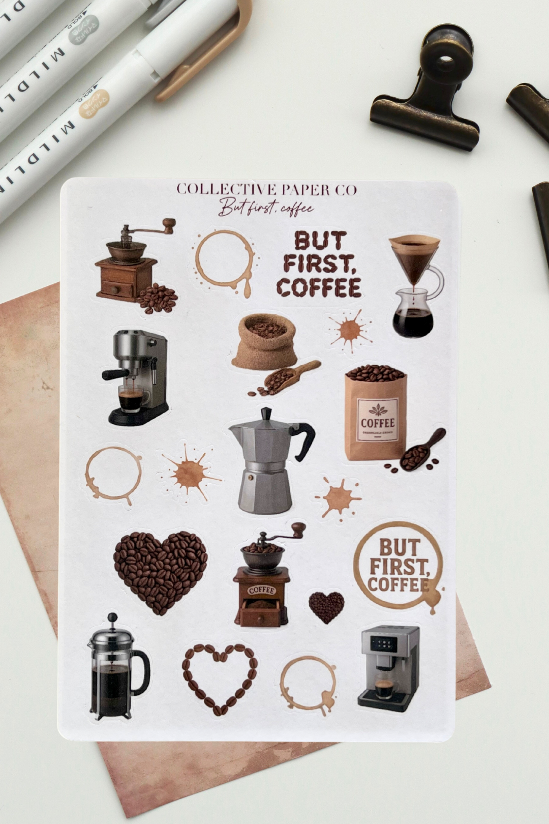 Sheet of coffee-themed stickers with various coffee-related graphics on a white background.