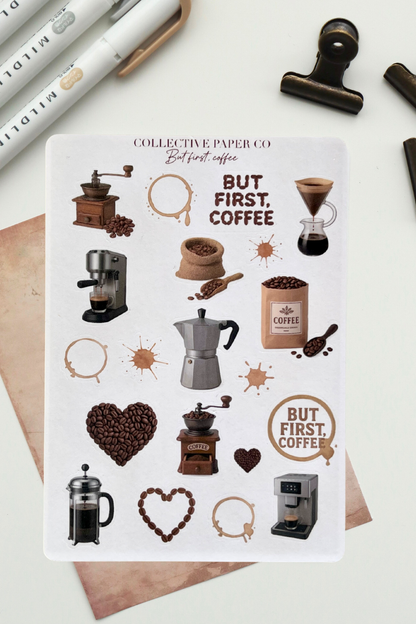 Sheet of coffee-themed stickers with various coffee-related graphics on a white background.