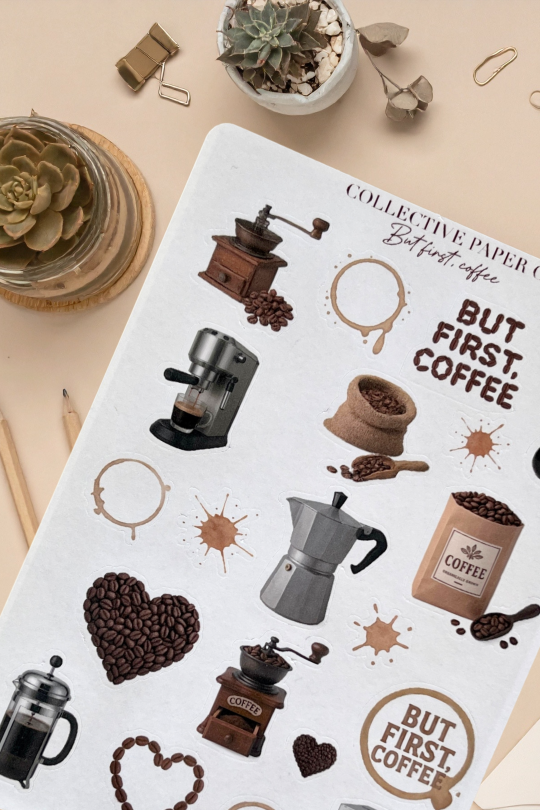 Sticker sheet with coffee-themed designs on a beige background