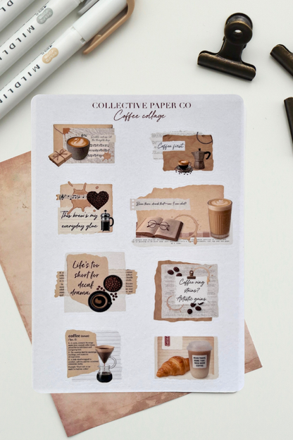 Sheet of stickers with coffee-themed designs and 'Collective Paper Co' branding on a white surface.