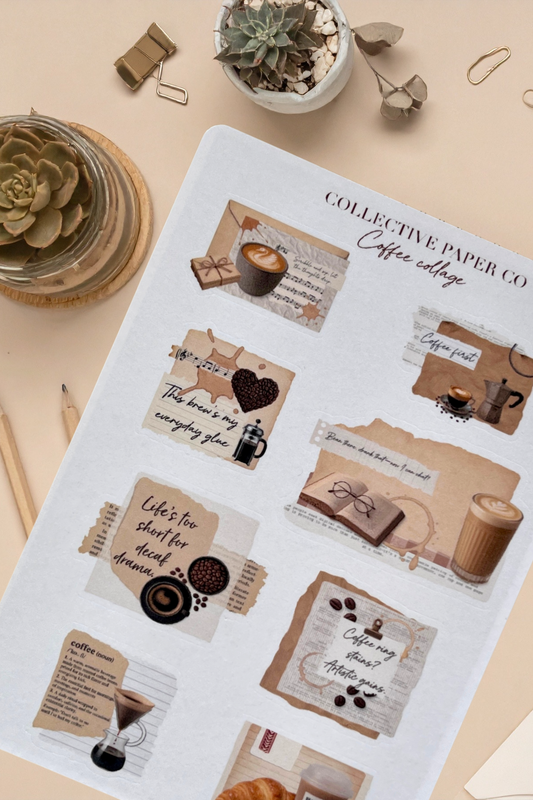 Sheet of coffee-themed stickers with text and graphics on a beige surface.