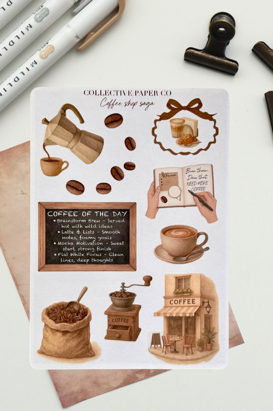 Sheet of coffee-themed stickers with various coffee-related illustrations on a white background.