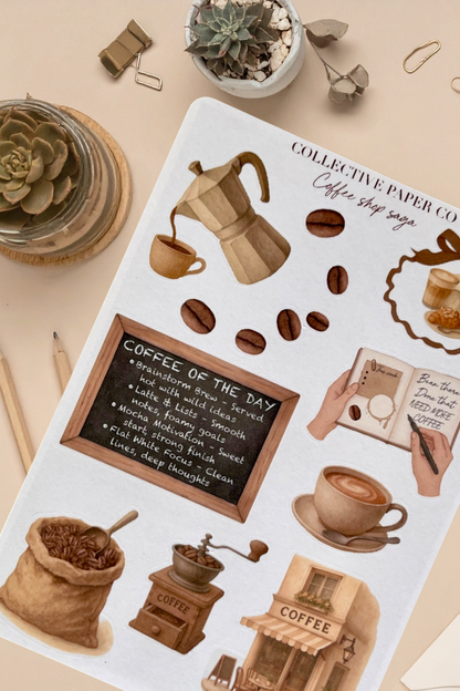 Sticker sheet with coffee-themed illustrations on a beige background