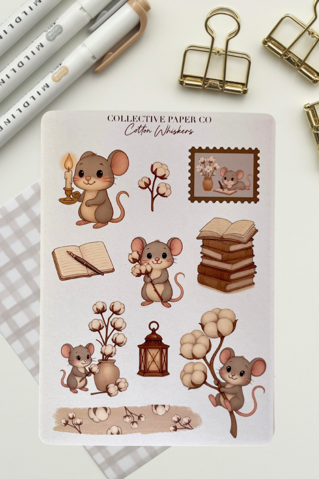 Sheet of mouse-themed stickers with decorative elements on a white background.