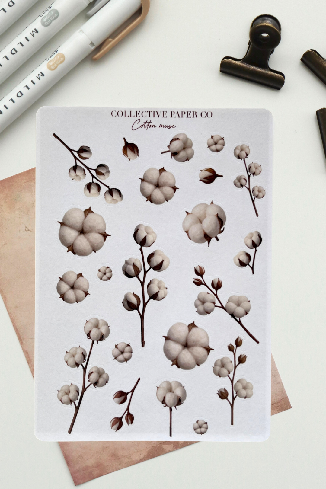 Sheet of cotton flower stickers with 'Collective Paper Co' branding on a white background.