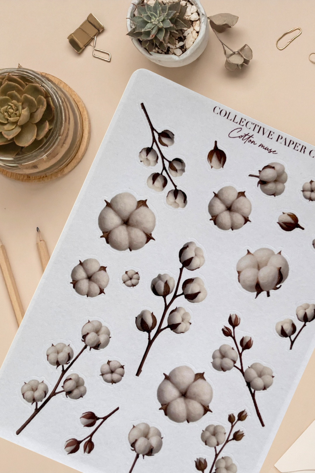 Notebook with cotton design on a desk with office supplies