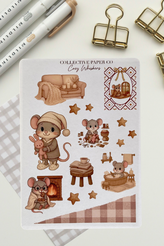 Sheet of decorative stickers featuring cartoon mice in cozy settings with stationery items around.