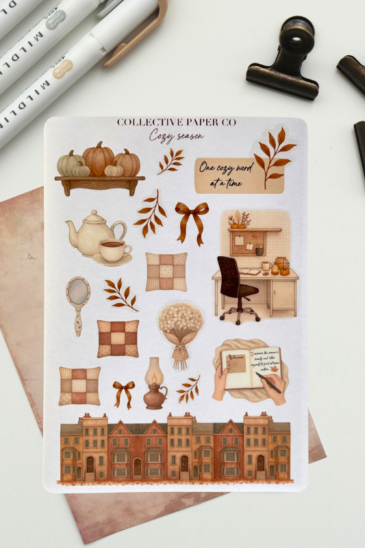 Sheet of decorative stickers with autumn-themed illustrations on a white background.