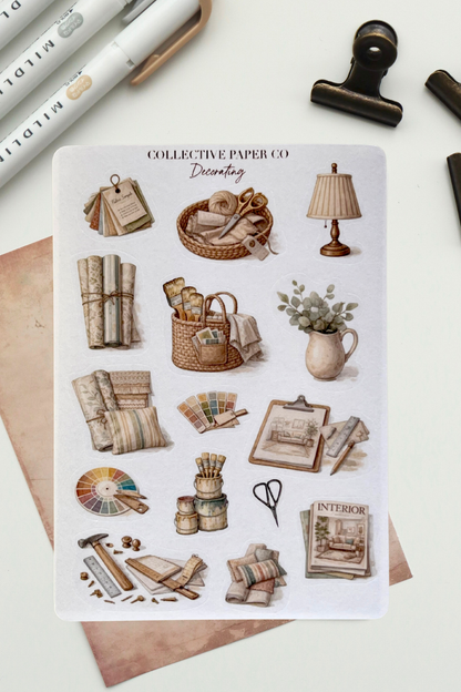 Sheet of decorative stickers by Collective Paper Co. featuring illustrations of home decor items on a white background.