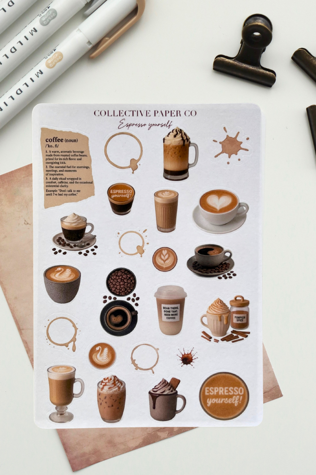 Sheet of coffee-themed stickers from Collective Paper Co. on a white surface with stationery items.