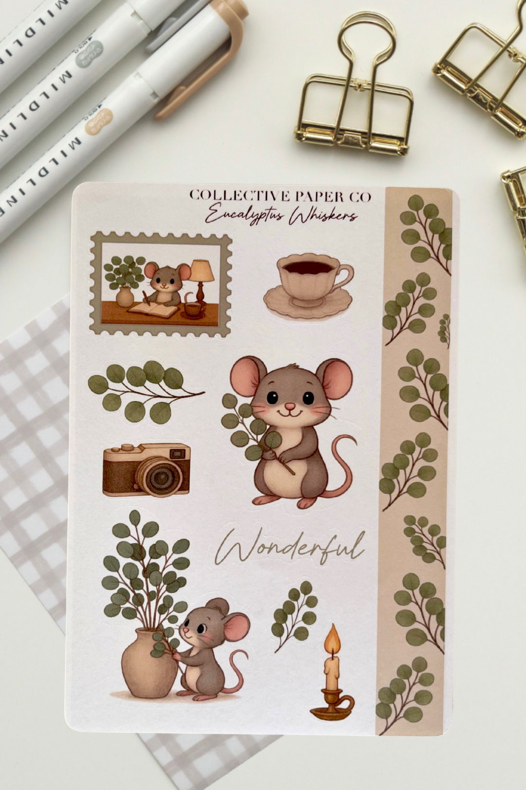 Sticker sheet with cute mouse illustrations and decorative elements on a white background.
