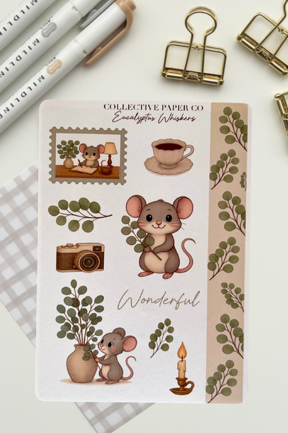 Sticker sheet with cute mouse illustrations and decorative elements on a white background.