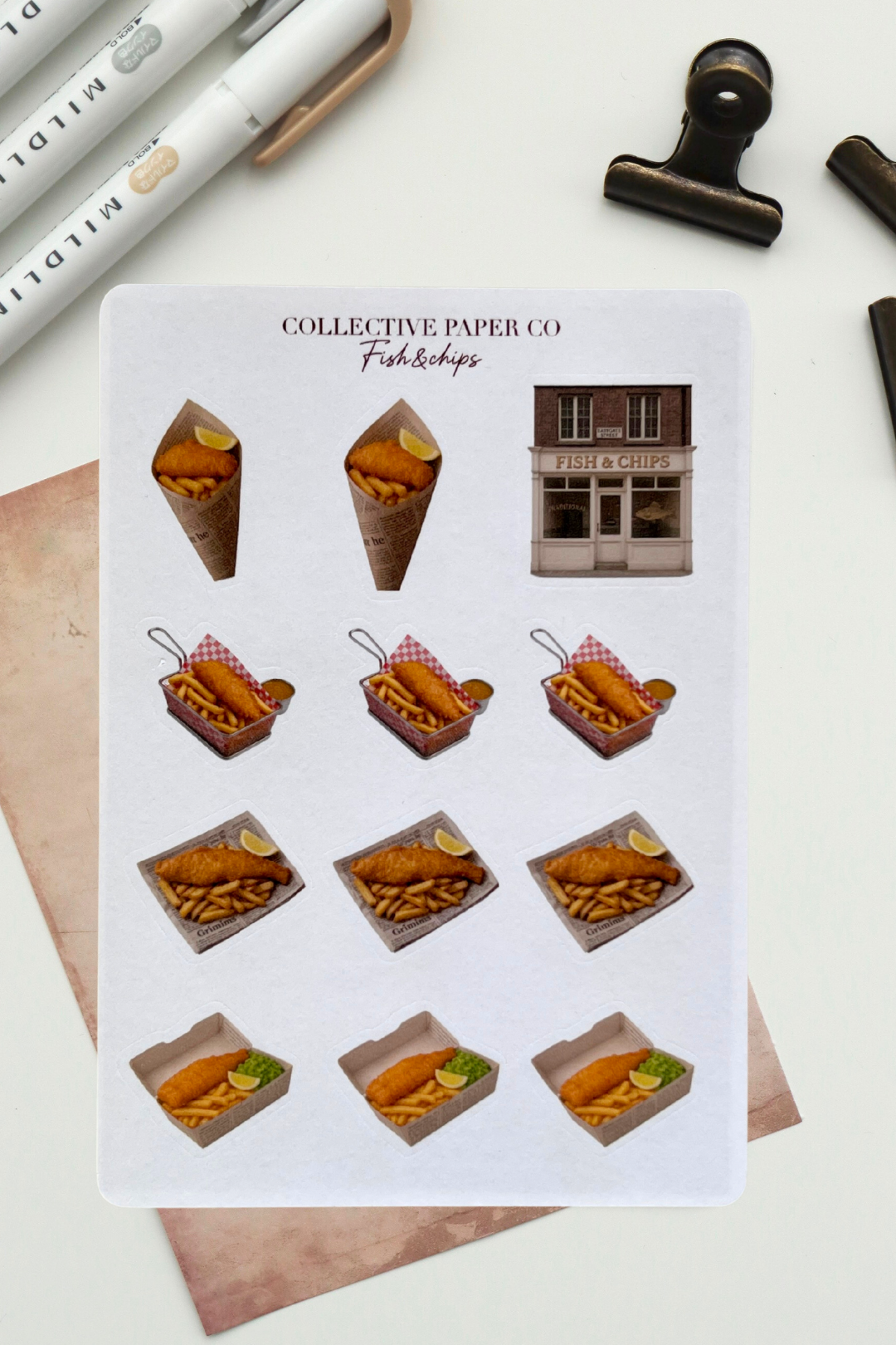 Sheet of fish and chips themed stickers by Collective Paper Co on a white background.