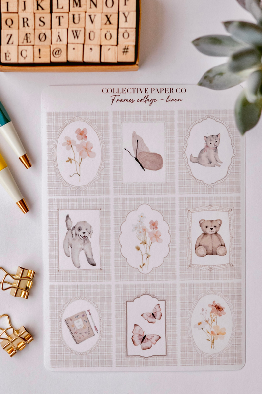Collective Paper Co.'s Cottage Linen Frames washi tape shows watercolor frames with cats, dogs, butterflies, bears, flowers, and notebooks in neutral tones.
