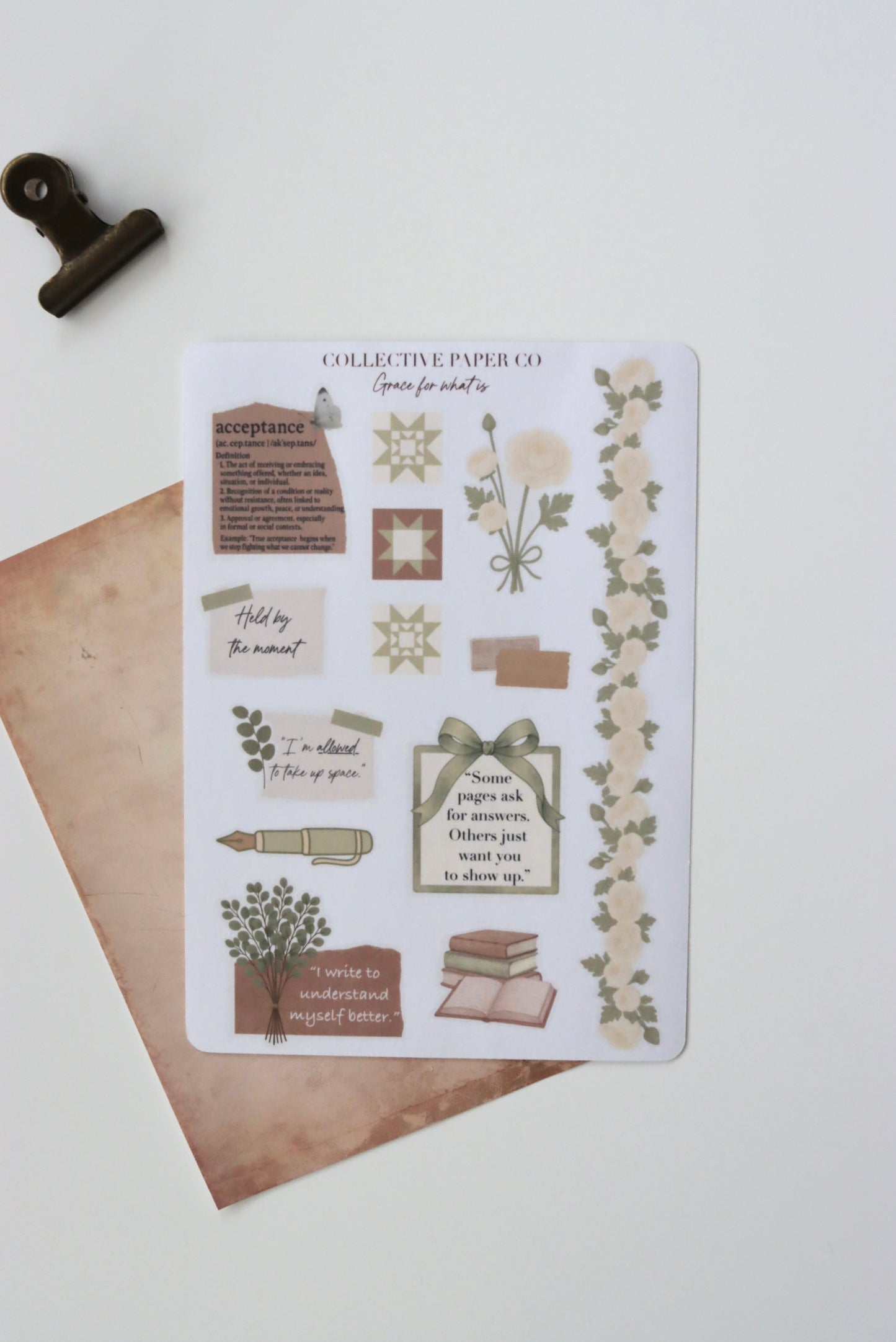 Decorative journaling sheet of kiss-cut acceptance / motivational quotes and  decorative floral and doodle style elements stickers on Japanese washi paper
