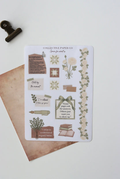 Decorative journaling sheet of kiss-cut acceptance / motivational quotes and  decorative floral and doodle style elements stickers on Japanese washi paper