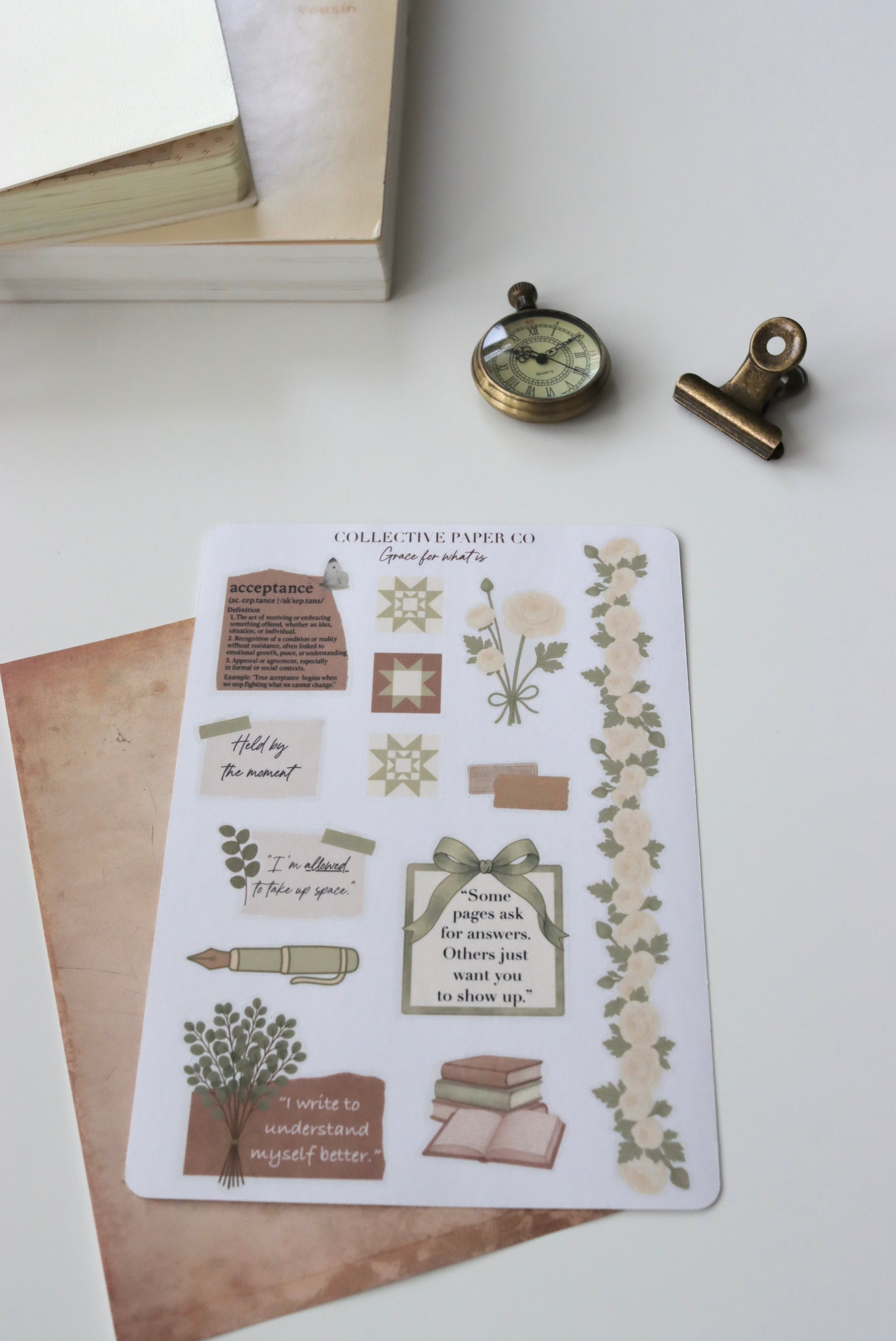 Decorative journaling sheet of kiss-cut acceptance / motivational quotes and  decorative floral and doodle style elements stickers on Japanese washi paper