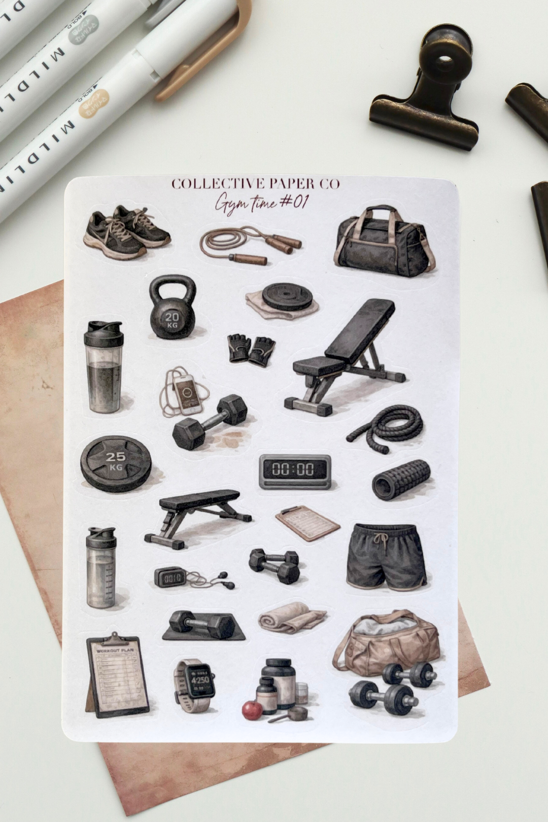 Sticker sheet with fitness equipment illustrations on a white background
