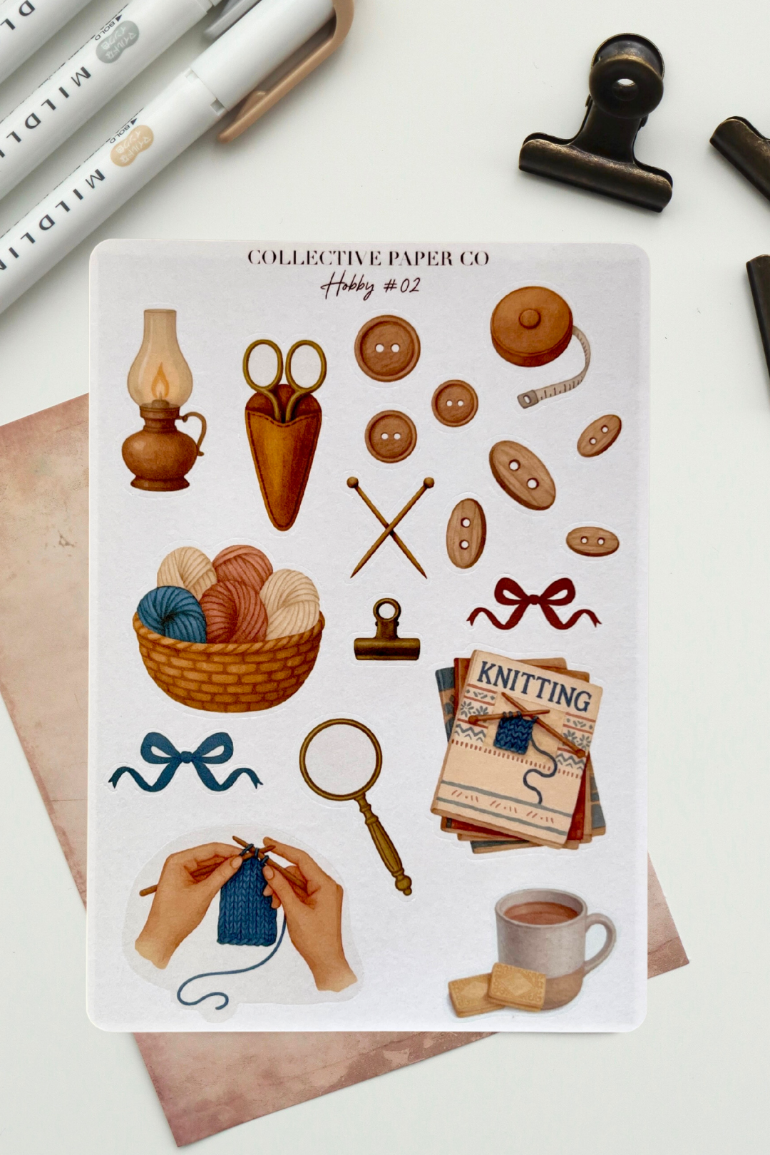 Sticker sheet with knitting-themed illustrations on a white background