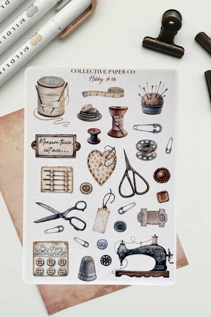 Sheet of decorative stickers with sewing-themed illustrations on a white background.