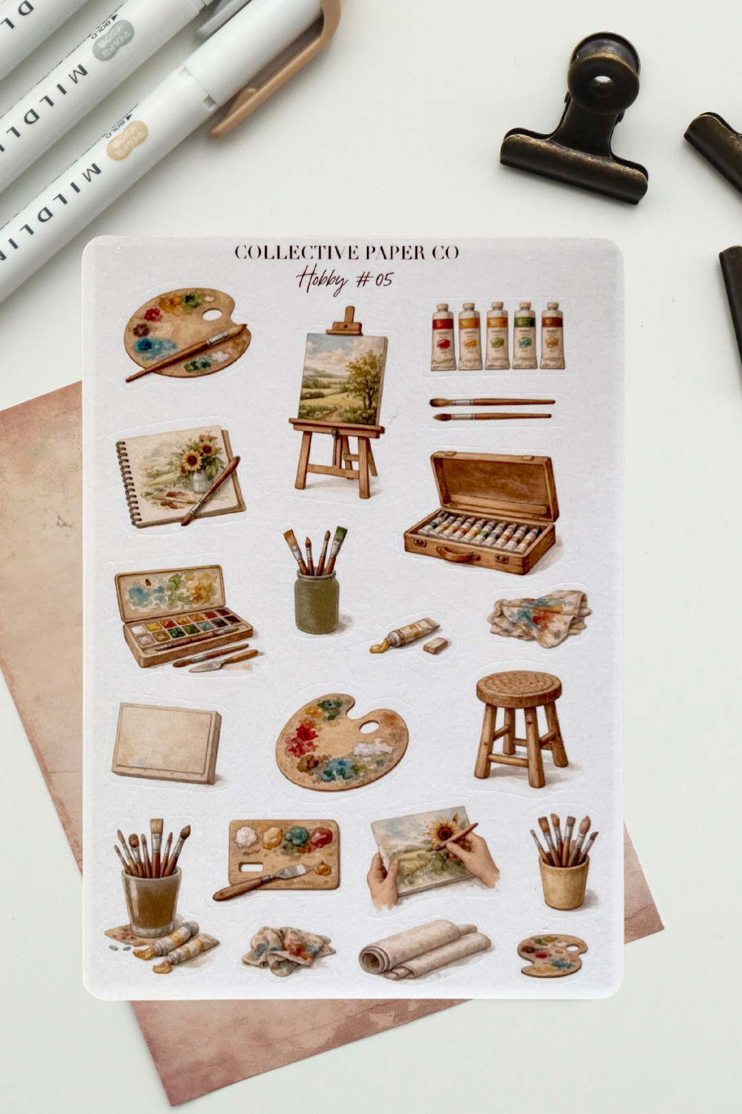 Sheet of art supplies stickers with 'Collective Paper Co' branding on a white background.